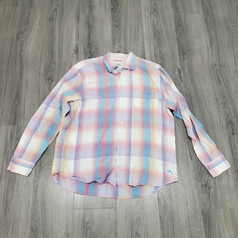 Tommy Bahama 100% Linen Men's XL Long sleeve Button Down Pastel Plaid Beach
